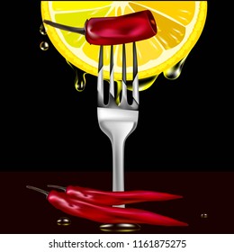 
Pepper of Chile with a fork and lemon slice with flowing lemon juice.