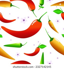 pepper chili with flowers, hot and spicy, organic red, yellow and green food, ripe and fresh ingredient for cooking and seasoning on white background,  seamless repeat pattern, kitchen wallpeper.