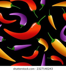 pepper chili vegetable, hot and spicy, organic red, yellow and purple food, ripe and fresh ingredient for cooking and seasoning on black background,  seamless repeat pattern, kitchen wallpeper.