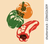 Pepper. Colorful cute screen printing effect. Riso print effect. Vector illustration. Graphic element  for fabric, textile, clothing, wrapping paper, wallpaper, poster. 