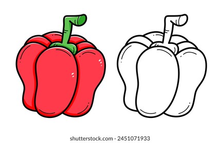 Pepper coloring book with coloring example for kids. Coloring page with pepper. Black and white and color version. Vector children's illustration.