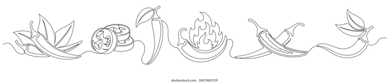 Сhili pepper continuous one line drawing set isolated on a white background. Editable stroke. Outline сhili pepper vegetable collections. Horizontal banner. Vector illustration