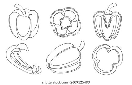 Pepper continuous one line drawing icon set. Outline bell peppers vegetable collections isolated on a white background. Vector illustration