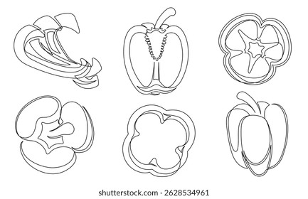 Pfeffer durchgehende einzeilige Zeichnung Symbol-Set. Umrissglocke Paprika Gemüsesammlungen einzeln auf weißem Hintergrund. Vektorgrafik