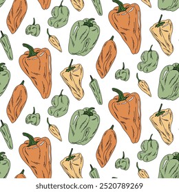 Pepper culinary pattern in orange and green colors, doodle on white background