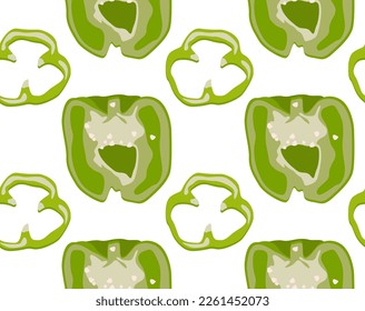Pepper cut in half and a piece of green bell pepper. Seamless pattern in vector. Natural product. For print and background.