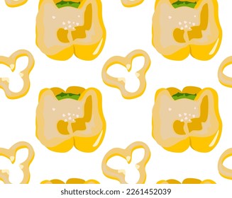 Pepper cut in half and a piece of yellow bell pepper. Seamless pattern in vector. Natural product. For print and background.