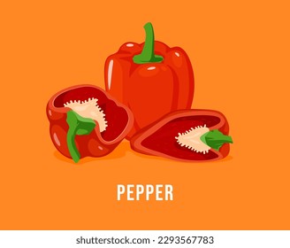 Pepper cut into pieces on an orange background. Vector illustration