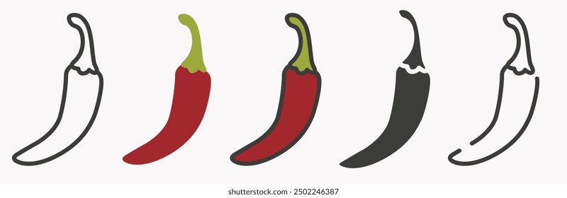 Pepper in different styles. Chili pepper icons. A set of peppers. A variety of pepper. EPS 10.