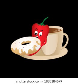 Pepper eats a large doughnut sitting in a saucer with a Cup of coffee.