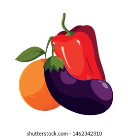 pepper eggplant and orange white background