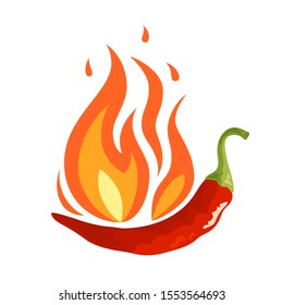 Pepper in flame icon. Fresh red chili condiment. Vector illustration isolated on white background in flat or cartoon style.