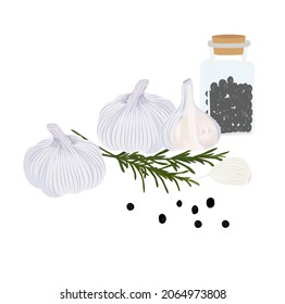 Pepper, garlic, rosemary vector stock illustration. Fragrant seasoning. Spices, rosemary plant. Isolated on a white background.
