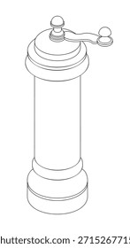 Molinillo de pimienta - Ilustración vectorial isométrica dibujada a mano en blanco y negro.