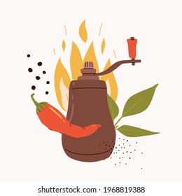 Pepper grinder mill with chili pepper, pepper leaf, and flame. Vector spicy food illustration isolated on white background. Flat cartoon style.