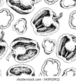 Pepper hand drawn vector seamless pattern. Vegetable engraved style object half and slices. Isolated bell pepper background. Detailed vegetarian food drawing. Paprika Farm market product.