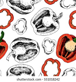 Pepper hand drawn vector seamless pattern. Vegetable engraved artistic style object, full, half, slices. Isolated bell pepper background. Detailed vegetarian food drawing. Paprika Farm market product.