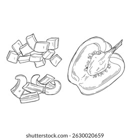 Pepper hand drawn vector set. Vegetable sketch style object, full, half and slices. Isolated bell pepper. Detailed vegetarian food drawing. Farm market product. Paprika icon