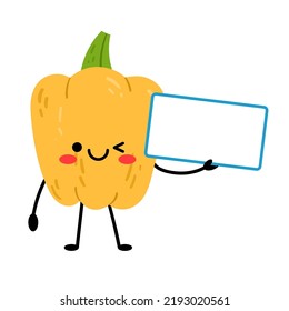 pepper holds up a sign for the text, a place for the text. Cartoon character yellow pepper with arms and legs, with different emotions. Vector illustration isolated on white background