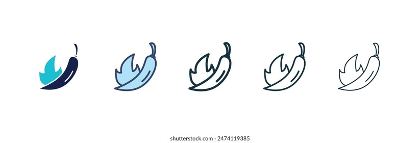 Pepper hot icon set. spicy chili vector symbol. jalapeno chilli vegetable sign. mexican chili with fire flame icon in black filled and outlined style.