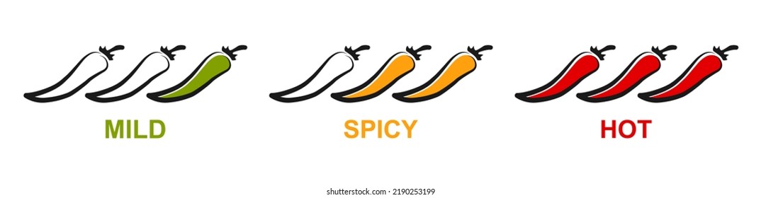 Pepper icon. Food spicy hot levels marks set. Spicy flavor level labels or stickers. Mild, medium and hot level. Vector illustration.