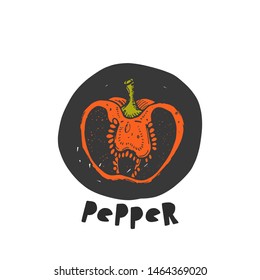 Pepper icon. Hand drawn realistic vector illustration. Organic vegetable. Eco food. Farm market product. Isolated white background. Can be used for shop, menu, card, poster, label