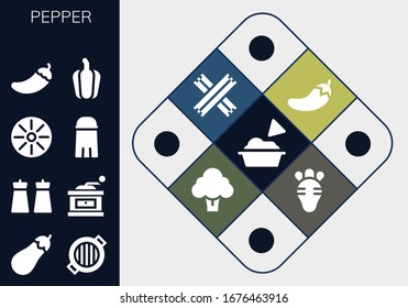 pepper icon set. 13 filled pepper icons.  Simple modern icons such as: Guacamole, Eggplant, Grill, Salt, Grinder, Pan, Pepper, Chili, Churros, Broccoli, Radish