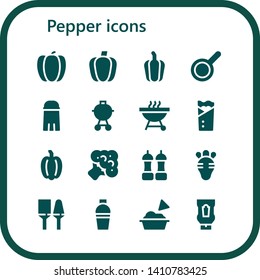 pepper icon set. 16 filled pepper icons.  Collection Of - Pepper, Paprika, Pan, Salt, Barbecue, Kebab, Broccoli, Radish, Utensils, Shaker, Guacamole, Ketchup