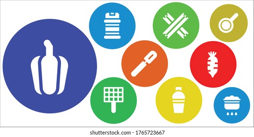 conjunto de iconos de pimienta. 9 íconos de pimienta rellenos. Incluye Pepper, Acondicionamientos, Churros, Grill, Shaker, Peeler, Radish, Pan, Iconos de Cocina