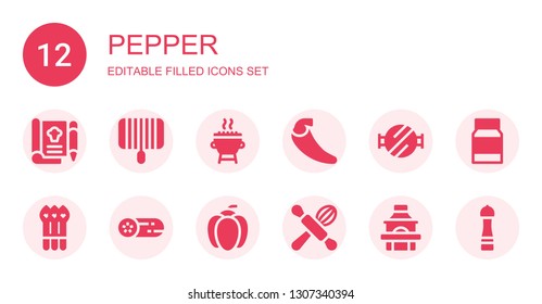 pepper icon set. Collection of 12 filled pepper icons included Recipe, Grill, Chili, Barbecue grill, Asparagus, Cucumber, Pepper, Cooking, Mayonnaise