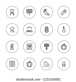 Pepper icon set. collection of 16 outline pepper icons with barbecue, chili, churro, condiment, cooking, grill, grinder, onion, paprika, pepper, salt, recipe icons.