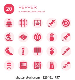 pepper icon set. Collection of 20 filled pepper icons included Grill, Cooking, Skewer, Chili, Pepper, Barbecue grill, Cabbage, Salt, Turnip, Recipe