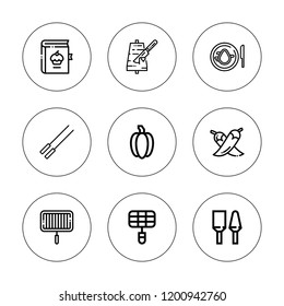 Pepper icon set. collection of 9 outline pepper icons with barbecue, chili, cooking, grill, kebab, pepper, recipes icons. editable icons.