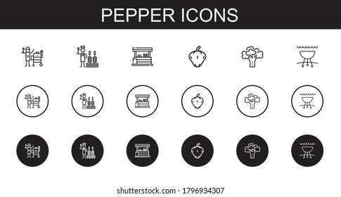 conjunto de iconos de pimienta. Colección de pimienta con parrilla, churrasco, verduras, brócoli. Iconos de pimienta editables y escalables.