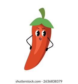 Pepper kawaii character in flat cartoon style with surprised face expression, cute spicy vegetable sticker for healthy food design, emoji pack, kids print, kitchen decor or clipart use