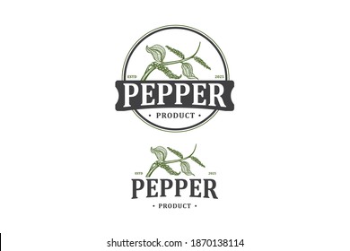 Pepper logo organic seasoning, green leaf fresh product. Lofo for pepper farm, pepper product, farming industrial.