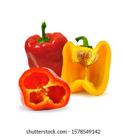 Pepper low poly. Fresh, nutritious, tasty yellow pepper. Vector illustration. Vegetables ingredients in triangulation technique. Elements for label design.
