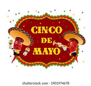 Pepper mariachi vector design of Mexican Cinco de Mayo holiday fiesta party. Red chilli and jalapeno musician characters with sombrero hats, maracas and trumpet, decorated with ethnic ornaments