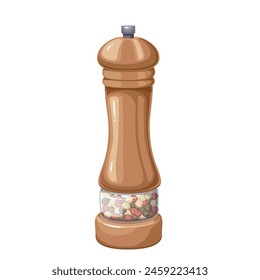 Pepper mill, cartoon vintage shaker for seasoning food. Wooden grinder with transparent glass container full of different black, white and red pepper corns, cartoon peppermill vector illustration