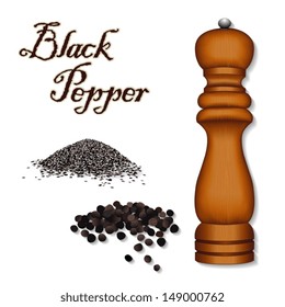 Pepper Mill Spice Grinder, whole and ground black peppercorns, Universal for cooking and in French herb blend Bouquet Garni. See other herbs and spices in this series. EPS8 compatible.