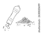 Pepper mill vector drawing. Seasoning and spice grinder sketch. Black pepper shaker.
