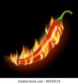 Pepper on fire on a black background . EPS10. Mesh.