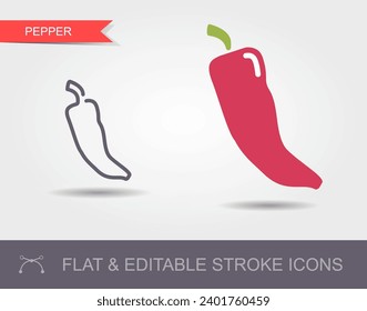 Pepper. Outline icon with editable stroke. Linear symbol of the food with shadow and flat icon