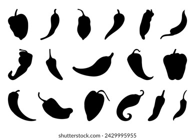 Pepper and paprika silhouette collection. Set of sweet and hot pepper silhouettes