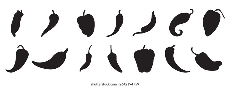 Pepper and paprika silhouette collection. Set of sweet and hot pepper silhouettes