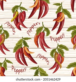 Pepper pattern on a wooden background.Red bell pepper on a wooden background in a color vector pattern.