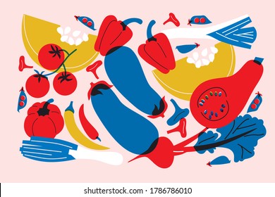 Pepper, peas, tomato, pepper, peas, tomato, eggplant, beets. Funny colored typography poster, apparel print design, bar menu decoration. Vector abstract illustration. Vegetables still life. 