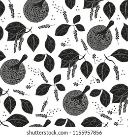 Pepper. Plant. Leaves, Fruit. Texture, Wallpaper, Seamless. Sketch. Monochrome. Black Silhouette On White Background.