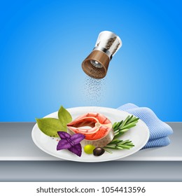 Pepper pot and plate with salmon steak flavoured with different herbs and spices realistic vector illustration