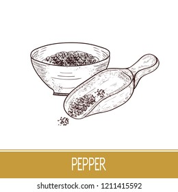 Pepper. Powder, scoop, bowl. Sketch.